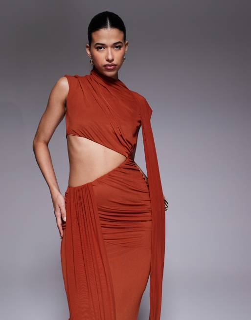 ASOS DESIGN - Robe longue drapée en tulle à découpe - Rouille, 4 de 4