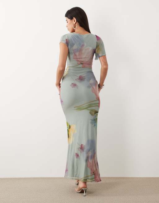 ASOS DESIGN - Robe longue drapée en tulle à fleurs avec manches asymétriques - Bleu, 4 de 4