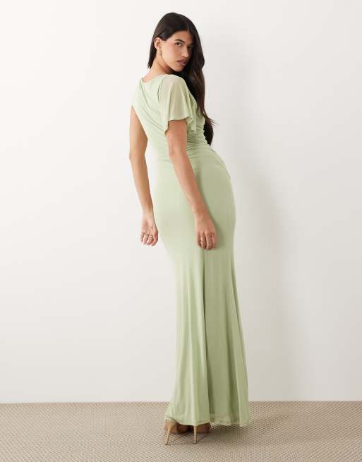 ASOS DESIGN - Robe longue drapée en tulle à manches asymétriques - Vert sauge, 4 de 4