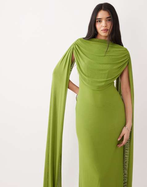 ASOS DESIGN - Robe longue drapée en tulle avec cape - Vert - view 1