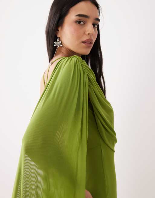 ASOS DESIGN - Robe longue drapée en tulle avec cape - Vert, 2 de 4