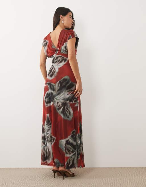 ASOS DESIGN - Robe longue drapée en tulle imprimé fleuri - Rouge, 3 de 4