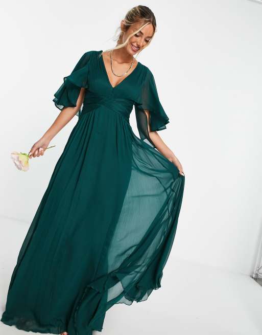 ASOS DESIGN - Robe longue drapée pour demoiselle d'honneur à mancherons évasés avec corsage froncé et taille croisée - Vert forêt