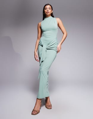 Robe longue drapée - Sauge-Gris 42