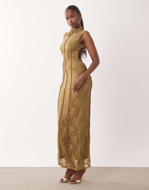 ASOS DESIGN - Robe longue droite à empiècements en dentelle - Bronze - view 1
