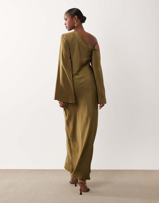 ASOS DESIGN - Robe longue droite à manches longues et épaules tombantes - Marron kaki, 2 de 4