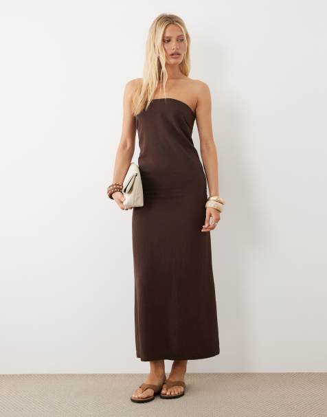 ASOS DESIGN - Robe longue droite épurée en lin mélangé - Chocolat - view 1
