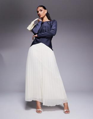 Robe longue effet color block à taille tombante et jupe plissée - Bleu marine et crème-Multicolore 34