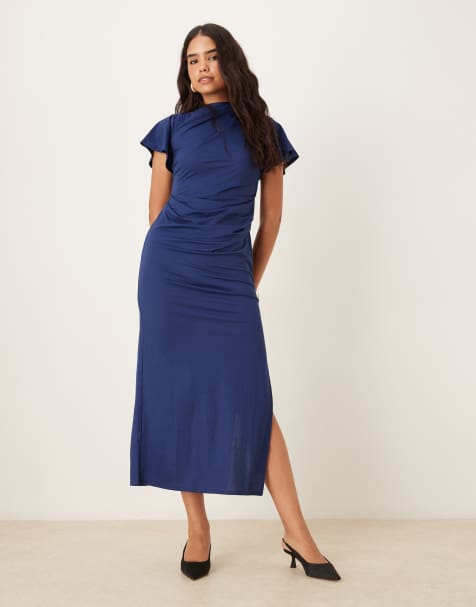 ASOS DESIGN - Robe longue effet drapé à manches ange - Bleu marine - view 1