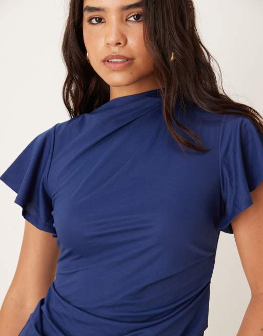 ASOS DESIGN - Robe longue effet drapé à manches ange - Bleu marine, 2 de 4