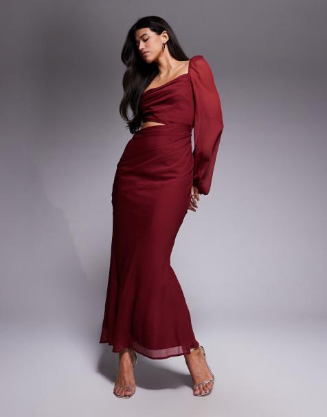 ASOS DESIGN - Robe longue effet drapé à manches blousantes et découpe - Mûre - view 1