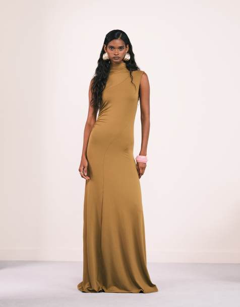 ASOS DESIGN - Robe longue effet drapé à surpiqûres et encolure montante - Moutarde - view 1
