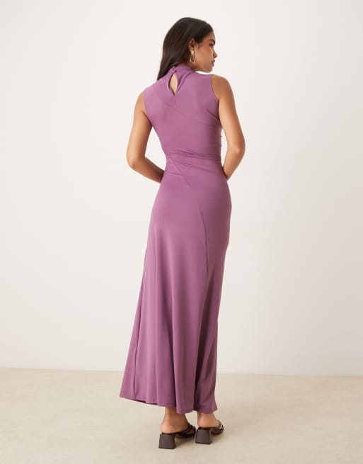 ASOS DESIGN - Robe longue effet drapé à surpiqûres et encolure montante - Raisin, 3 de 4
