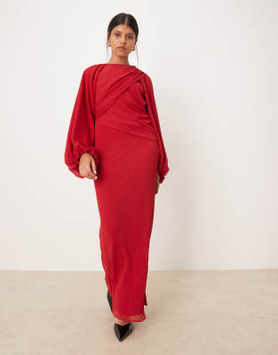 Robe longue effet drapé avec manches blousantes - Rouge 40