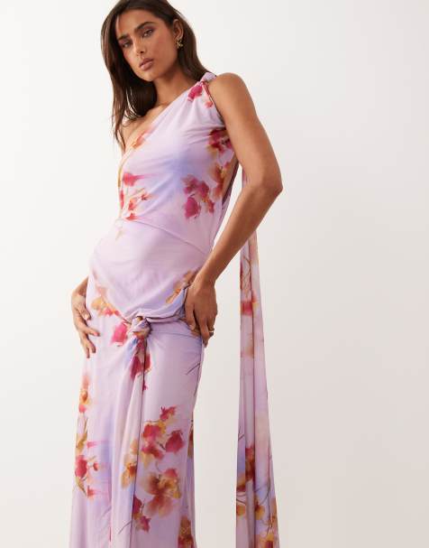 ASOS DESIGN - Robe longue effet drapé en mousseline stretch à imprimé fleuri - Rose - view 1