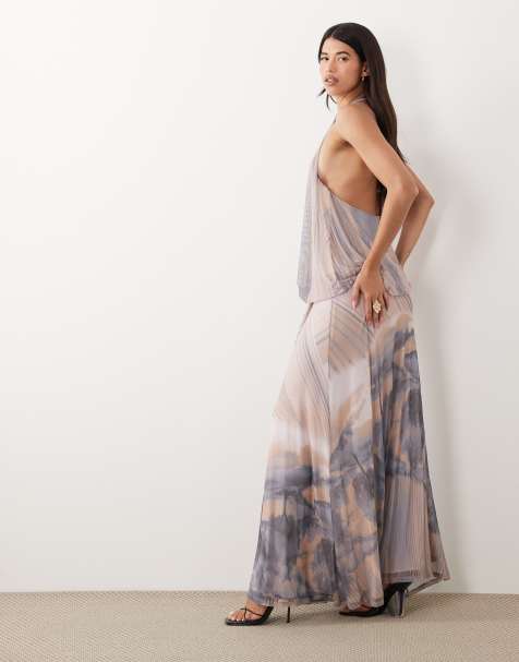 ASOS DESIGN - Robe longue effet drapé en tulle imprimé avec col montant - Bleu - view 1