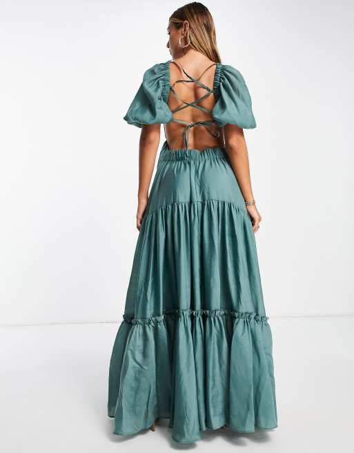 ASOS DESIGN Robe longue effet tag en voile avec manches bouffantes et lani res dans le dos Vert sauge