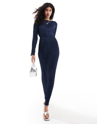 ASOS DESIGN - Robe longue effet froissé à col montant - Bleu marine - view 1