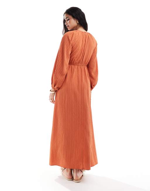 ASOS DESIGN - Robe longue effet froissé à manches raglan et ceinture - Rouille, 3 de 4