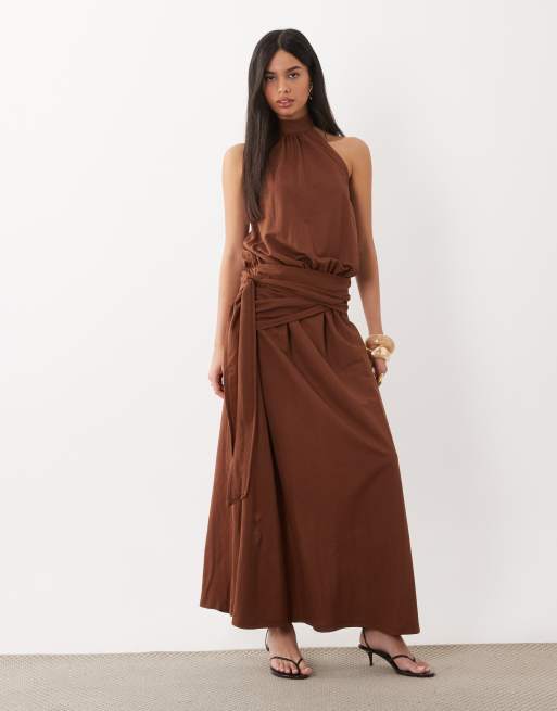 ASOS DESIGN - Robe longue effet lin à encolure américaine et ourlet boule - Chocolat, 4 de 4