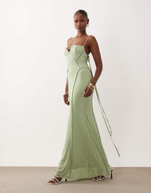 ASOS DESIGN - Robe longue effet sculptant en tulle avec bonnets préformés et coutures apparentes - Sauge, 2 de 4