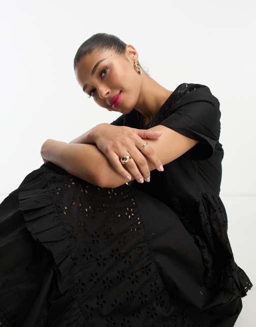 ASOS DESIGN - Robe longue effet tente en broderie anglaise à empiècements - Noir, 3 de 4