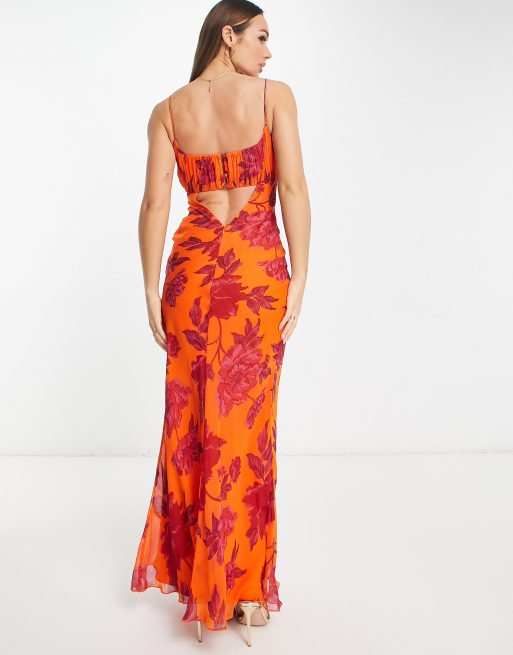 ASOS DESIGN Robe longue en biais avec buste fronc Orange fleuri