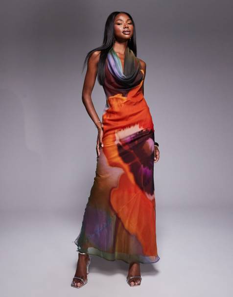 ASOS DESIGN - Robe longue en biais avec col bénitier plongeant - Imprimé à grosses fleurs abstraites - view 1