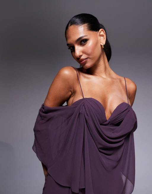 ASOS DESIGN - Robe longue en biais double épaisseur en mousseline avec bonnets drapés - Prune, 3 de 4