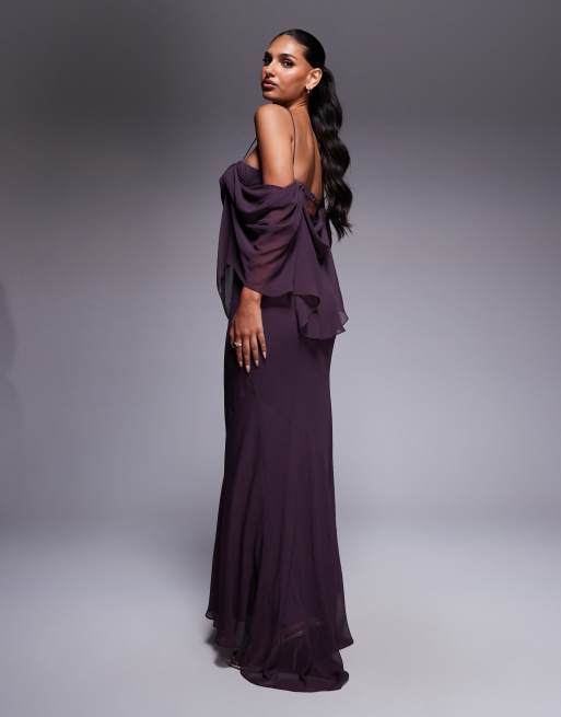 ASOS DESIGN - Robe longue en biais double épaisseur en mousseline avec bonnets drapés - Prune, 4 de 4