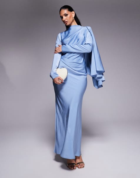 ASOS DESIGN - Robe longue en biais drapée en satin avec superposition foulard - Bleu cendré - view 1
