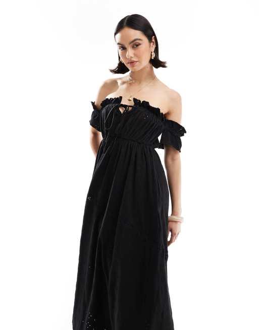 ASOS DESIGN - Robe longue en broderie anglaise à volants et encolure bardot - Noir, 2 de 4