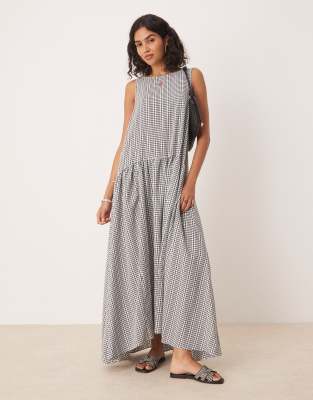 Robe longue en coton à carreaux vichy avec taille basse-Multicolore 38