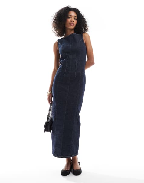 ASOS DESIGN - Robe longue en denim avec taille froncée et fente à l'avant - Indigo - view 1