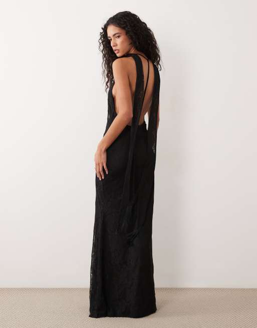 ASOS DESIGN robe longue en dentelle à col halter, coupe sirène, avec détail écharpe à franges, noire, 2 de 4