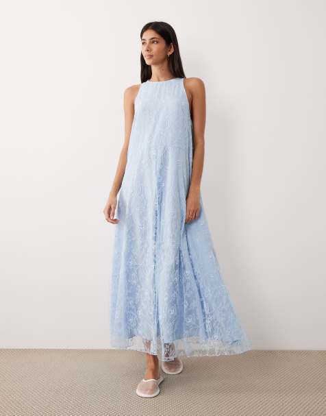 ASOS DESIGN - Robe longue en dentelle à col montant et dos nageur - Bleu pastel - view 1