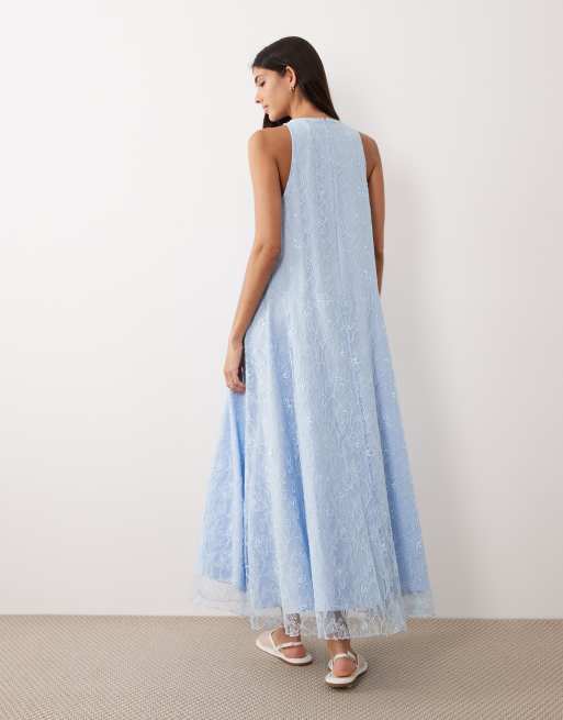 ASOS DESIGN - Robe longue en dentelle à col montant et dos nageur - Bleu pastel, 4 de 4