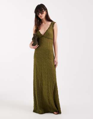Robe longue en dentelle à fines bretelles - Olive-Vert 34