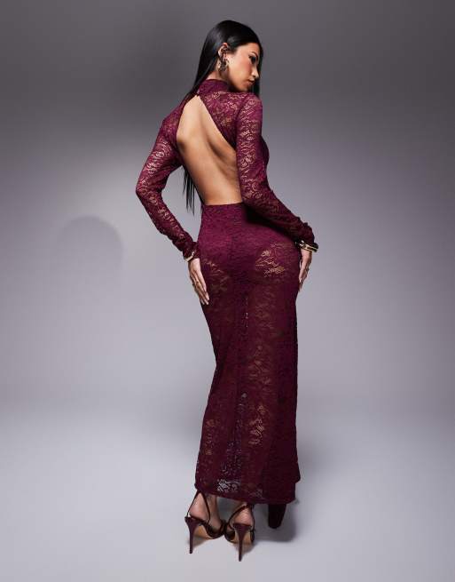 ASOS DESIGN - Robe longue en dentelle à manches longues à dos ouvert et lien enveloppant - Bordeaux, 2 de 4