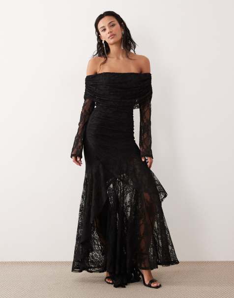 ASOS DESIGN - Robe longue en dentelle à manches longues et épaules dénudées - Noir - view 1
