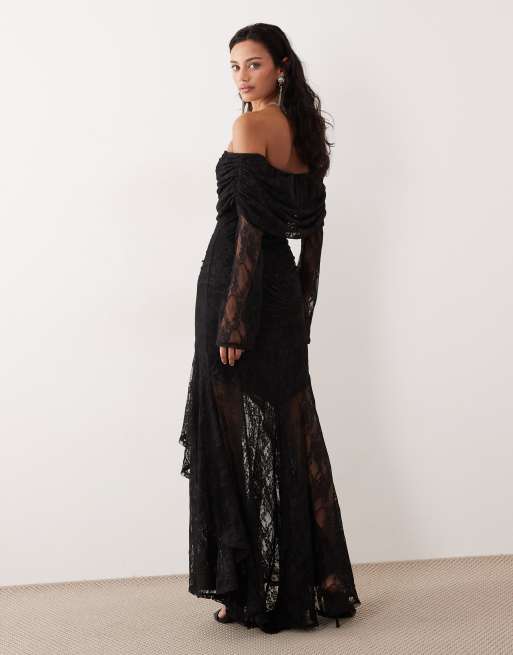 ASOS DESIGN - Robe longue en dentelle à manches longues et épaules dénudées - Noir, 2 de 4