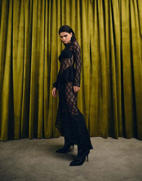 ASOS DESIGN - Robe longue en dentelle à manches longues et jupe à volants - Noir - view 1