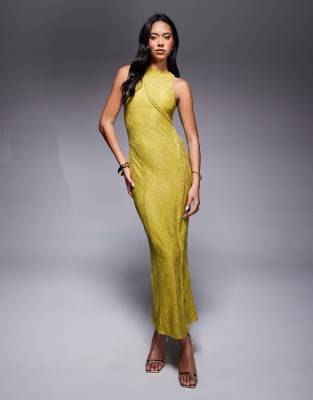 Robe longue en dentelle avec col montant - Chartreuse-Vert 38