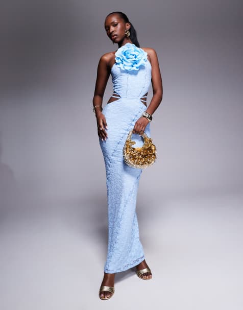 ASOS DESIGN - Robe longue en dentelle avec fleur oversize - Bleu - view 1