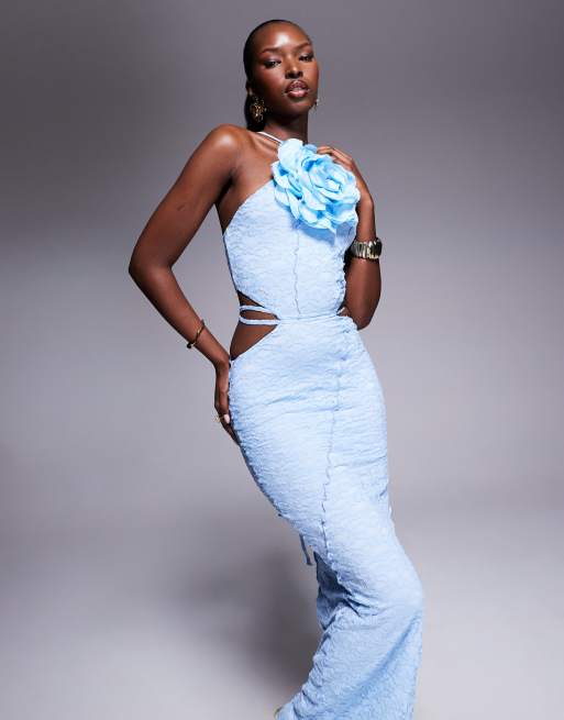 ASOS DESIGN - Robe longue en dentelle avec fleur oversize - Bleu, 3 de 4