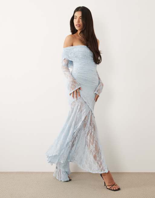 ASOS DESIGN - Robe longue en dentelle avec manches longues et épaules dénudées - Bleu, 2 de 4