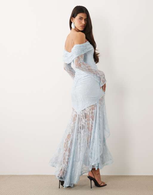ASOS DESIGN - Robe longue en dentelle avec manches longues et épaules dénudées - Bleu, 4 de 4