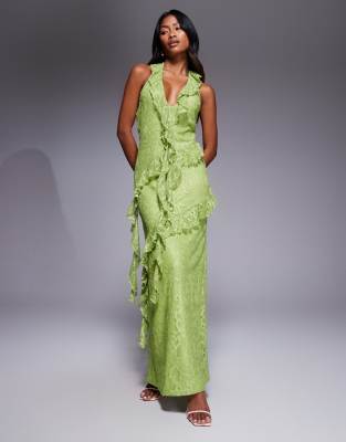 ASOS DESIGN - Robe longue en dentelle avec volants et décolleté plongeant - Vert olive