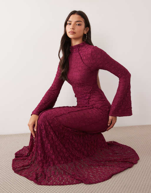ASOS DESIGN robe longue en dentelle dos nu à col montant avec détails de coutures apparentes, framboise, 3 de 4