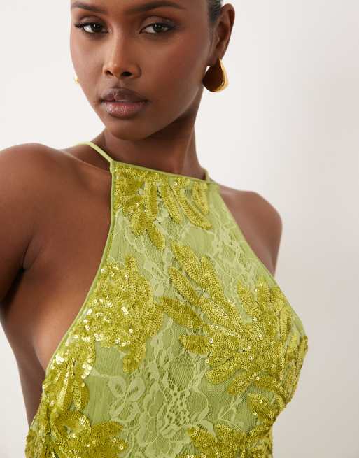ASOS DESIGN - Robe longue en dentelle ornementée avec col montant et jupe ample à godets - Citron vert, 3 de 4